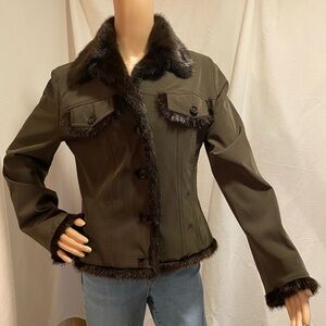 Faux-Fur Trim Dark Brown Women's Leather-Style Jacket